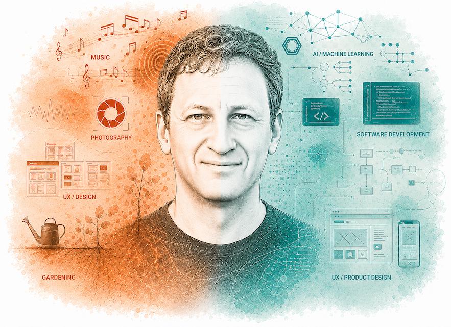 Portrait of Igor Kalennyy surrounded by a watercolor collage of his disciplines — music, photography, gardening on one side; UX, software, and AI on the other