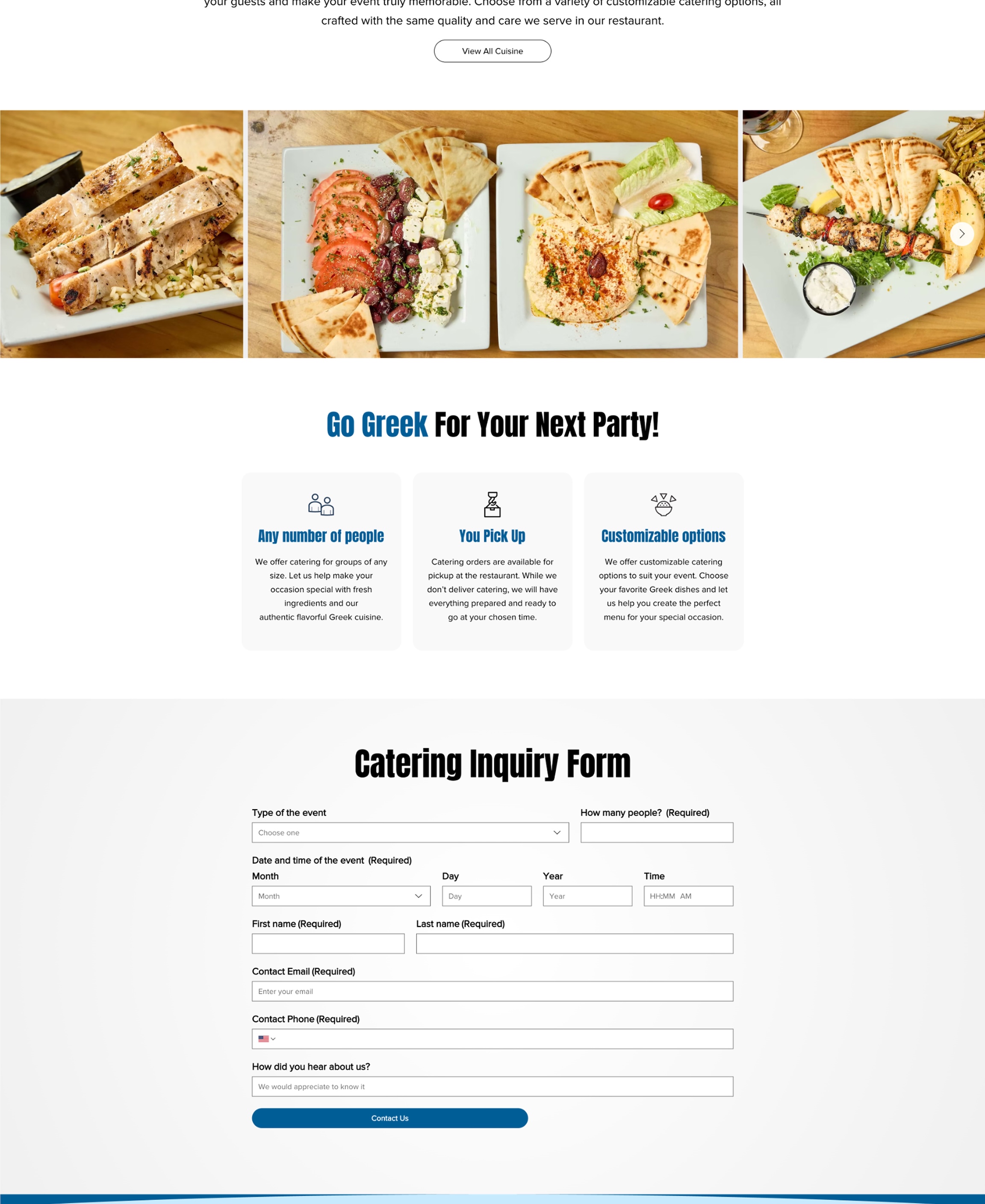 OPA catering page — a browsable gallery of catering dishes and a catering inquiry form
