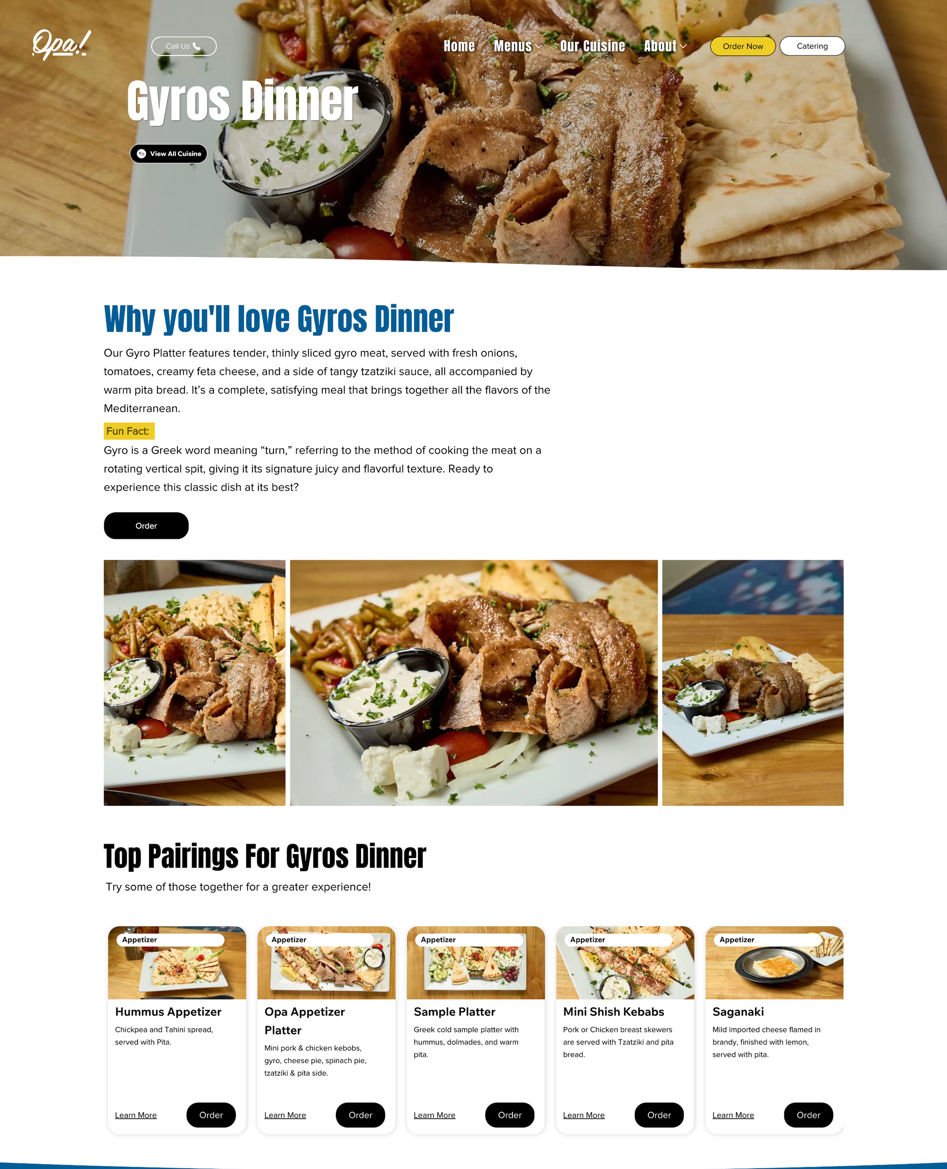 OPA dish detail page — photo, description, and related-dish recommendations