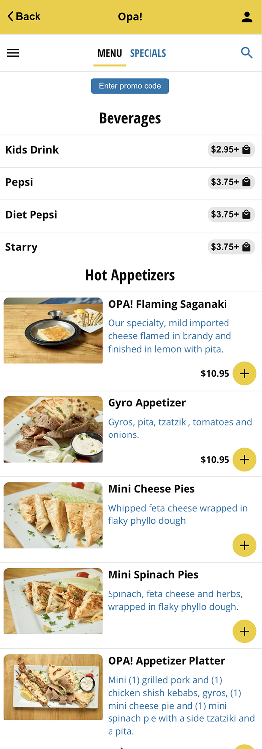 OPA mobile ordering screen