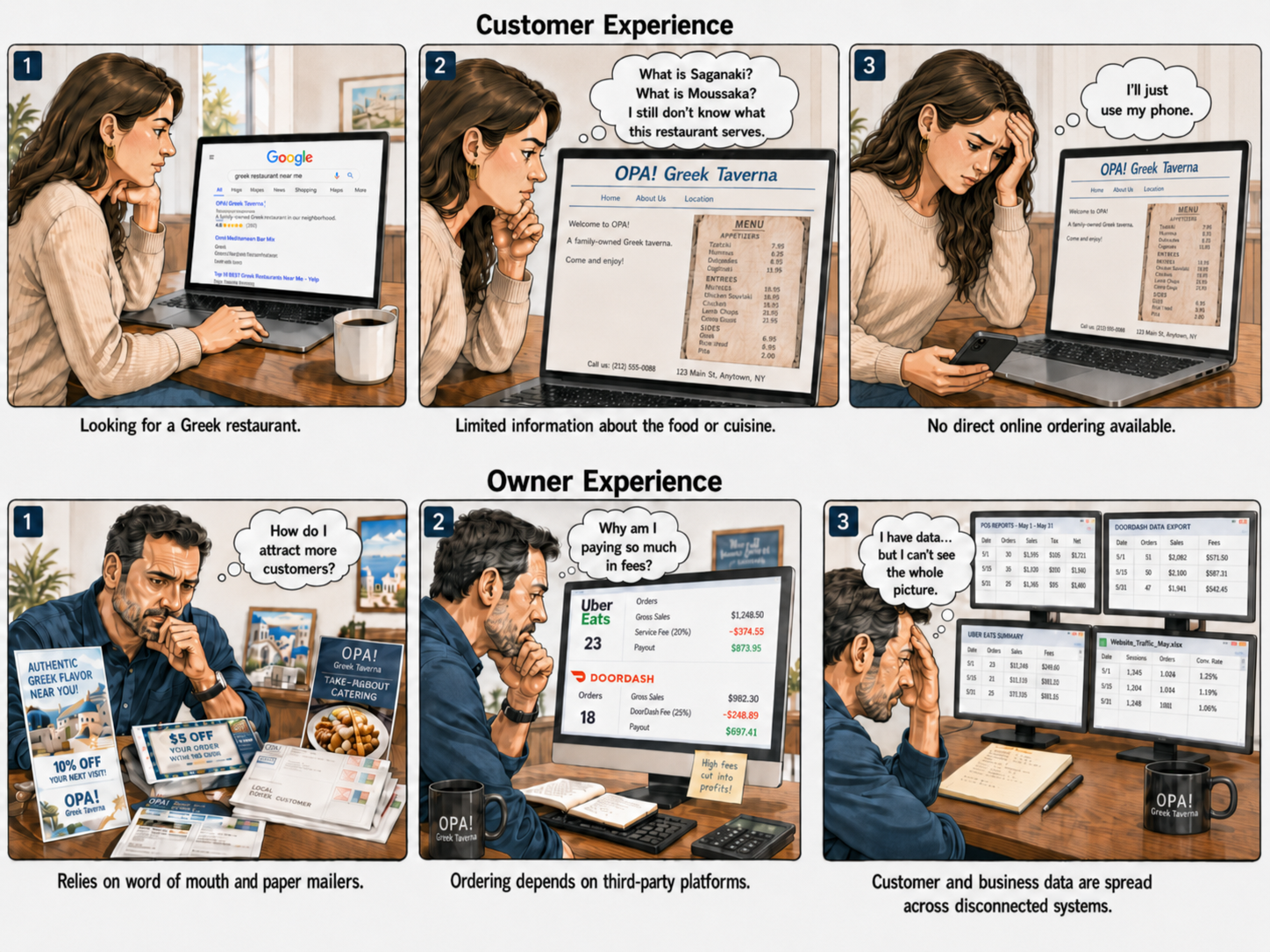 Comic: the old website as a single broken piece of a larger, disconnected restaurant system